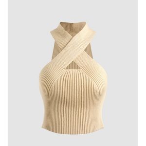 Beige rib cross halter top